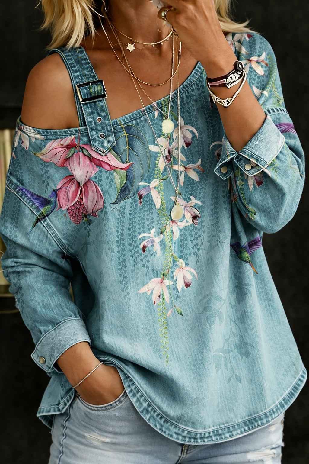 Suzanne | Top Denim Fleuri