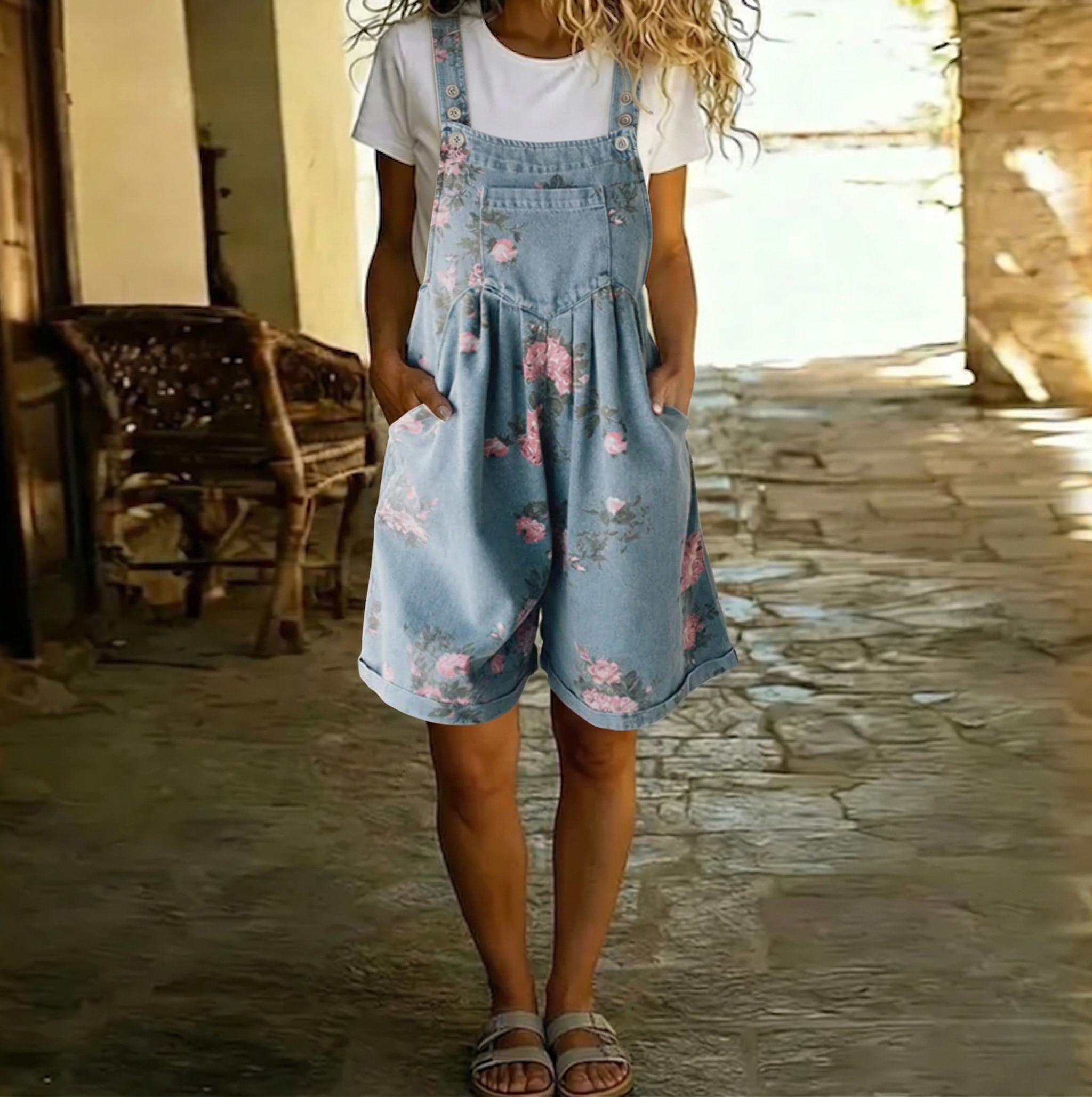Odile | Salopette Denim Fleurie